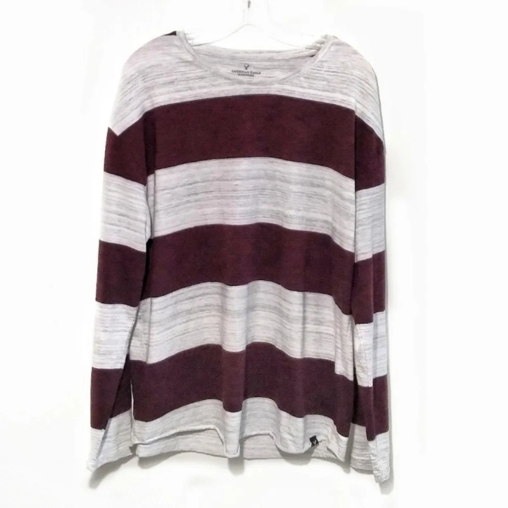 American Eagle Long Sleeve Tshirt Preppy Stripe Maroon Gray Large Casual